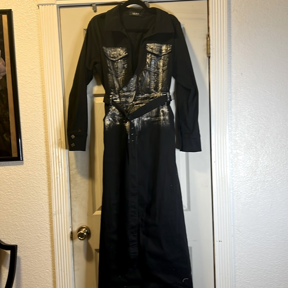 Black denim Maxi coat with metallic accents